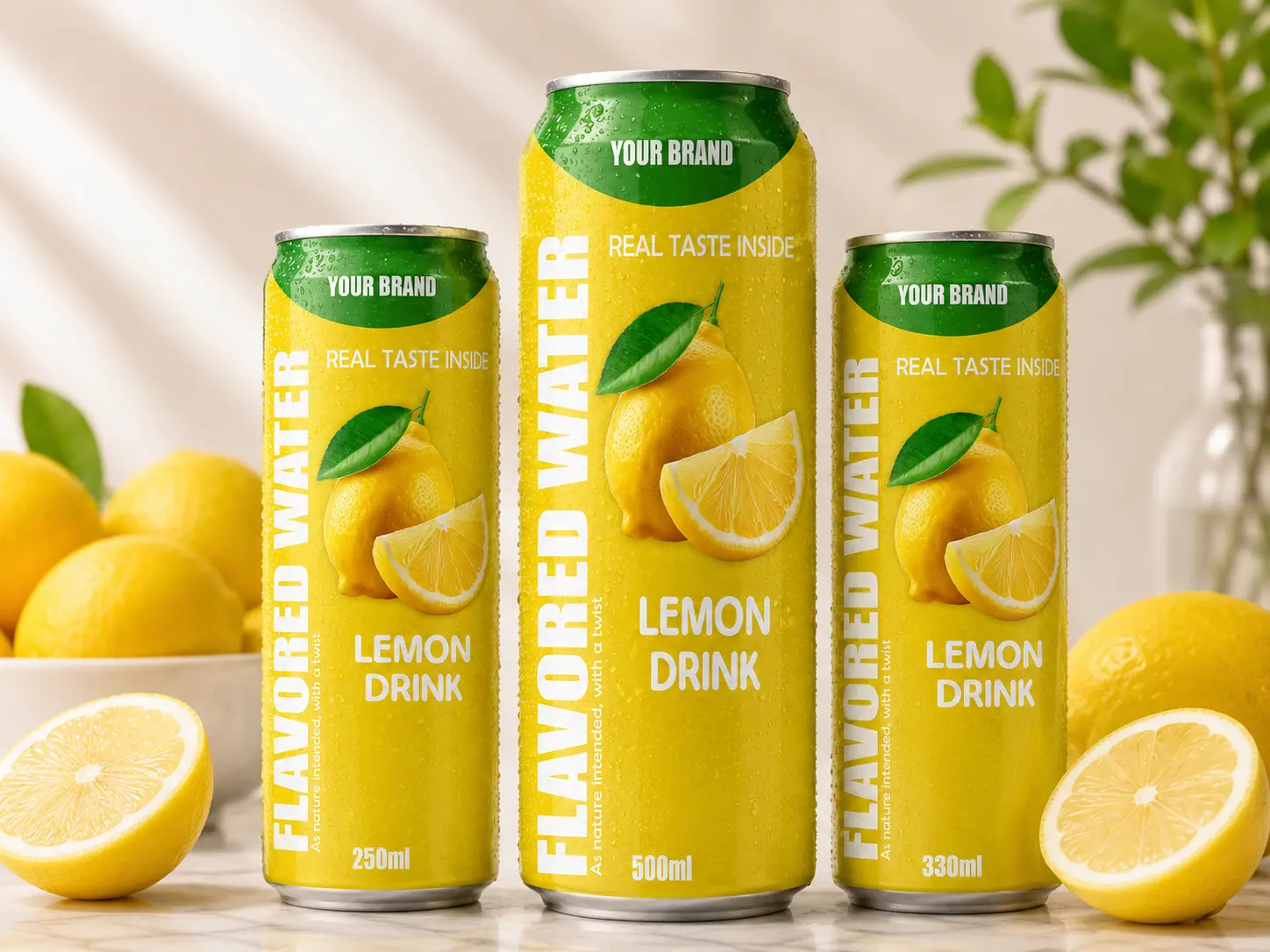 FLAVORED WATER lemon drink cans in 250ml, 330ml and 500ml sizes.